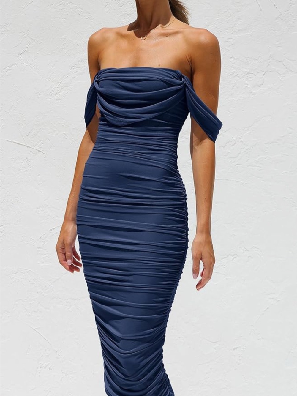 Strapless Navy Ruched Bodycon Dress